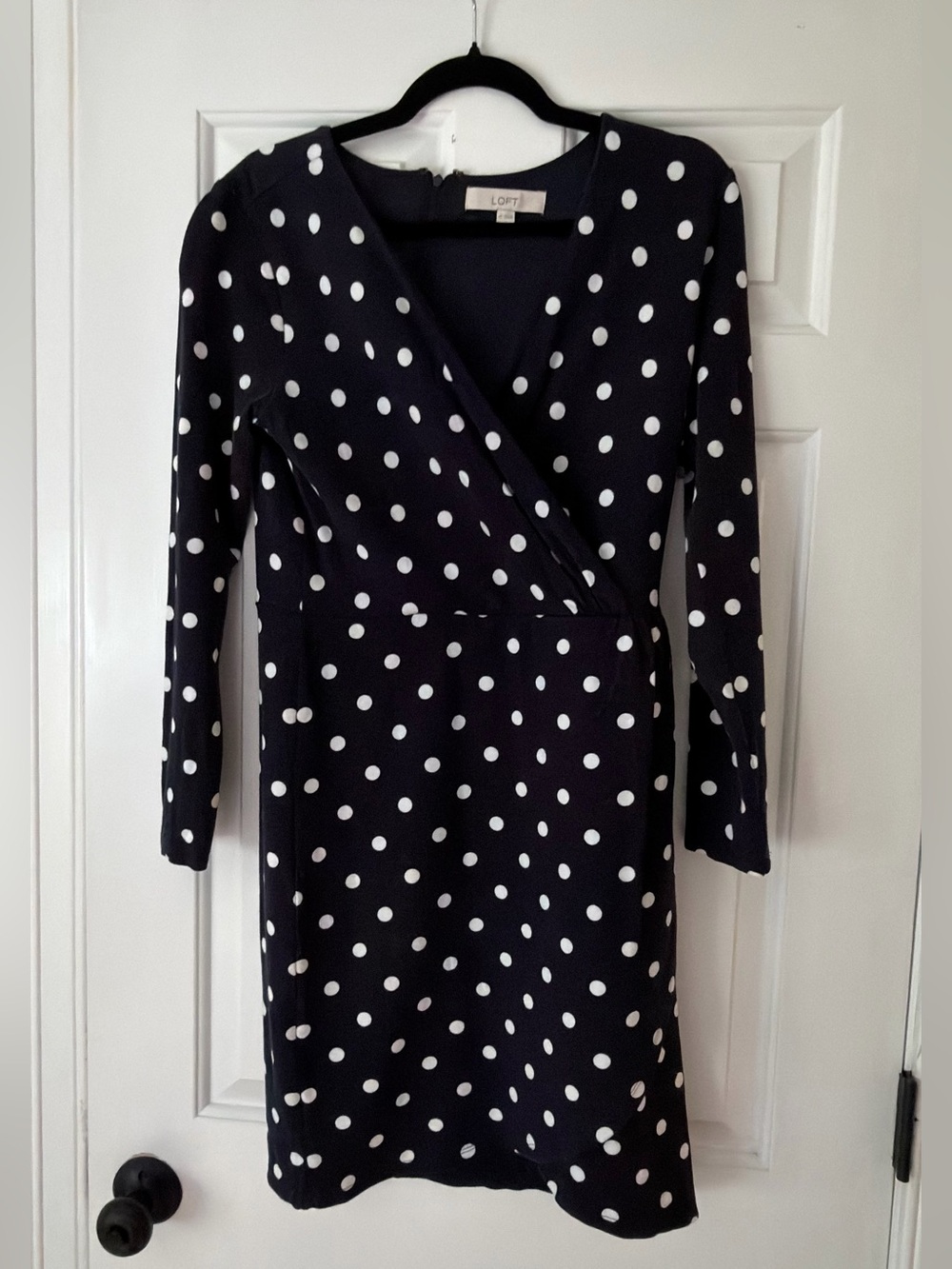 LOFT Navy and White Polka Dot Wrap-Style Long Sleeve Dress